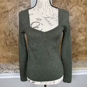 House of Harlow‎ 1960 Green Metallic Sweetheart Neck Long Sleeve Knit Top Sz L